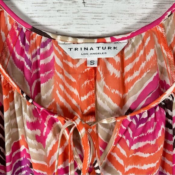 Trina Turk Los Angeles USA 100% Silk Peasant Blouse Artsy Boho Chic Size Small - Picture 3 of 9